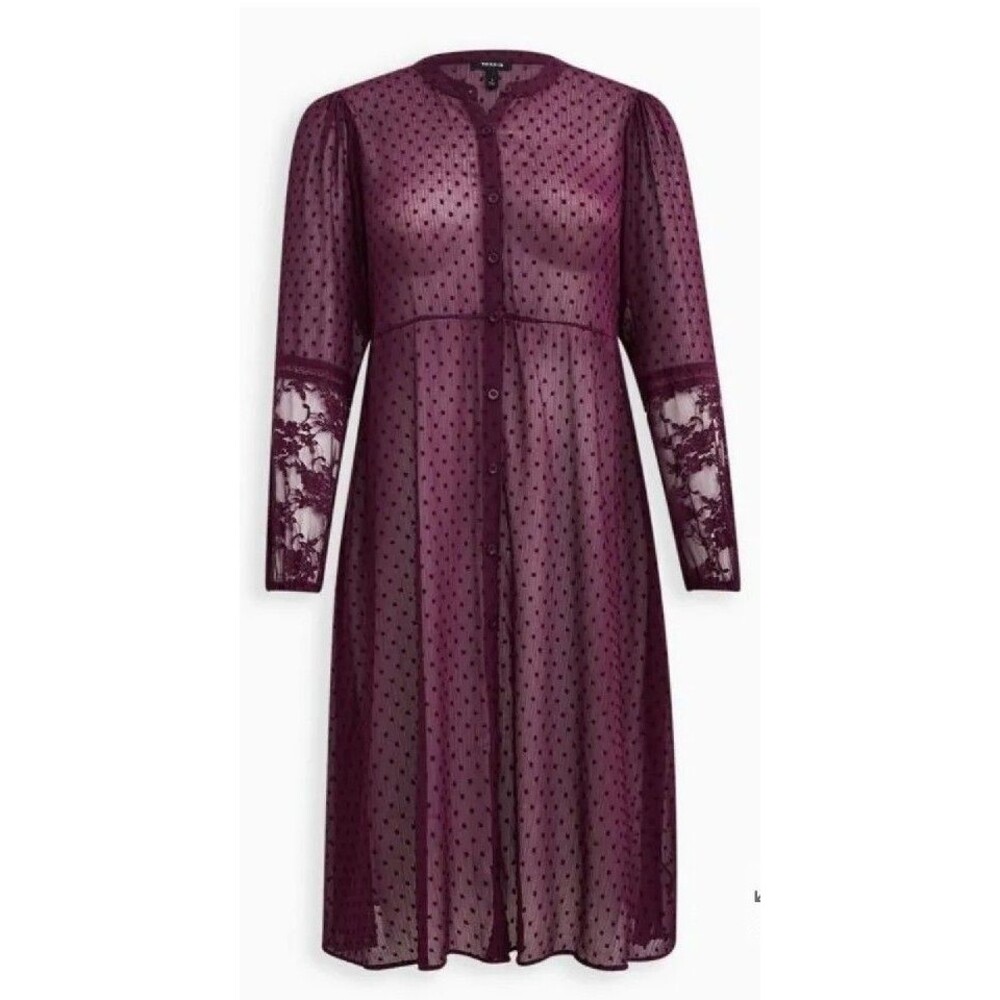 NWT Torrid 00 Medium 10 Purple/Plum Clip Dot Button Front Maxi Kimono